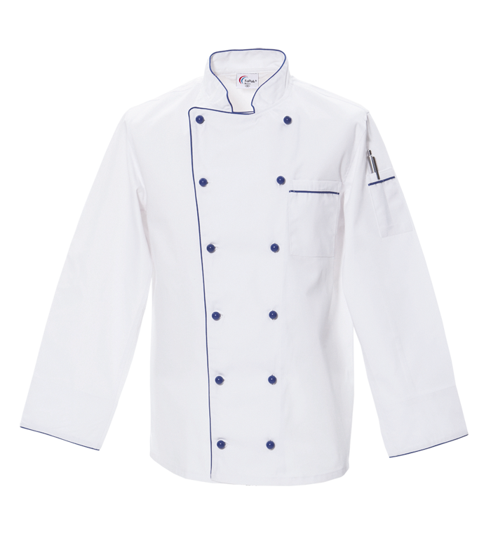 Chef-Kochjacke FaPak 1050, 100% Baumwolle, weiß mit Paspel schwarz oder blau, inkl. Kugelknöpfen