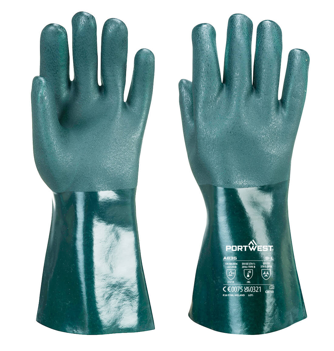 A835 - Doppelt beschichteter PVC-Schutzhandschuh 35cm grün