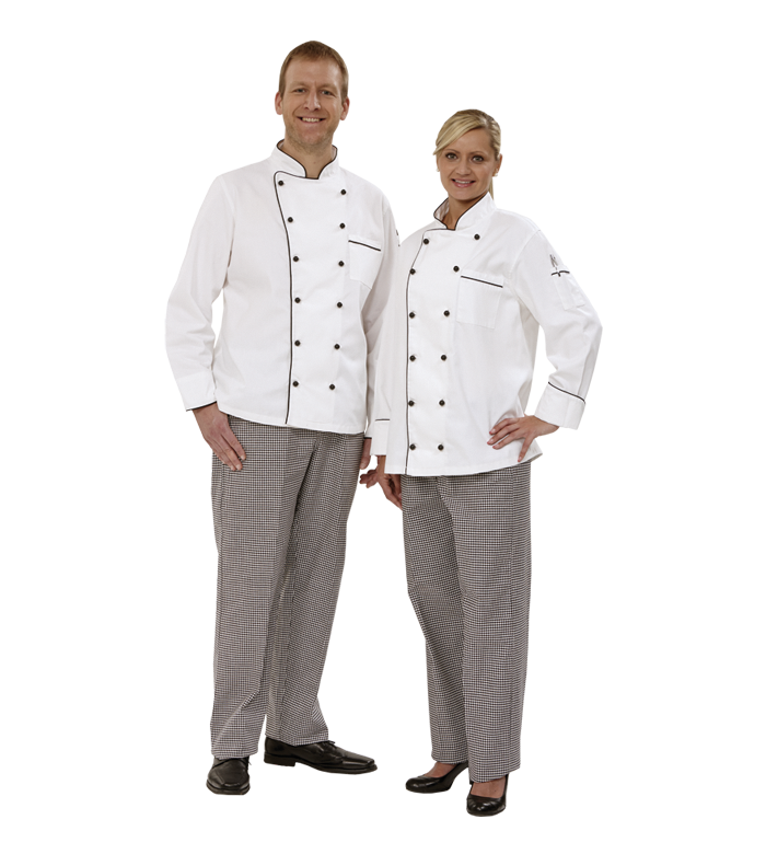 Chef-Kochjacke FaPak 1050, 100% Baumwolle, weiß mit Paspel schwarz oder blau, inkl. Kugelknöpfen Chef-Kochjacke FaPak 1050, 100% Baumwolle, weiß mit Paspel schwarz oder blau, inkl. Kugelknöpfen