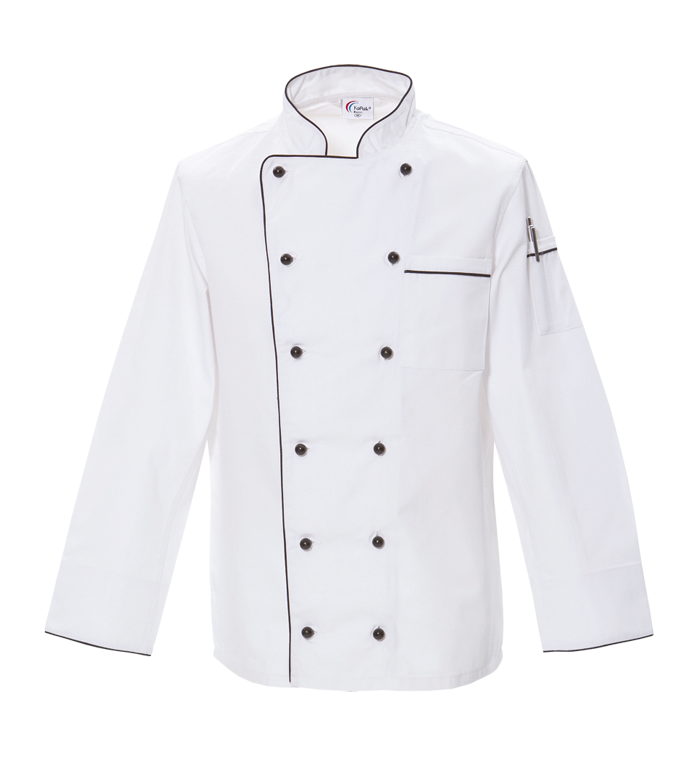 Chef-Kochjacke FaPak 1050, 100% Baumwolle, weiß mit Paspel schwarz oder blau, inkl. Kugelknöpfen Chef-Kochjacke FaPak 1050, 100% Baumwolle, weiß mit Paspel schwarz oder blau, inkl. Kugelknöpfen