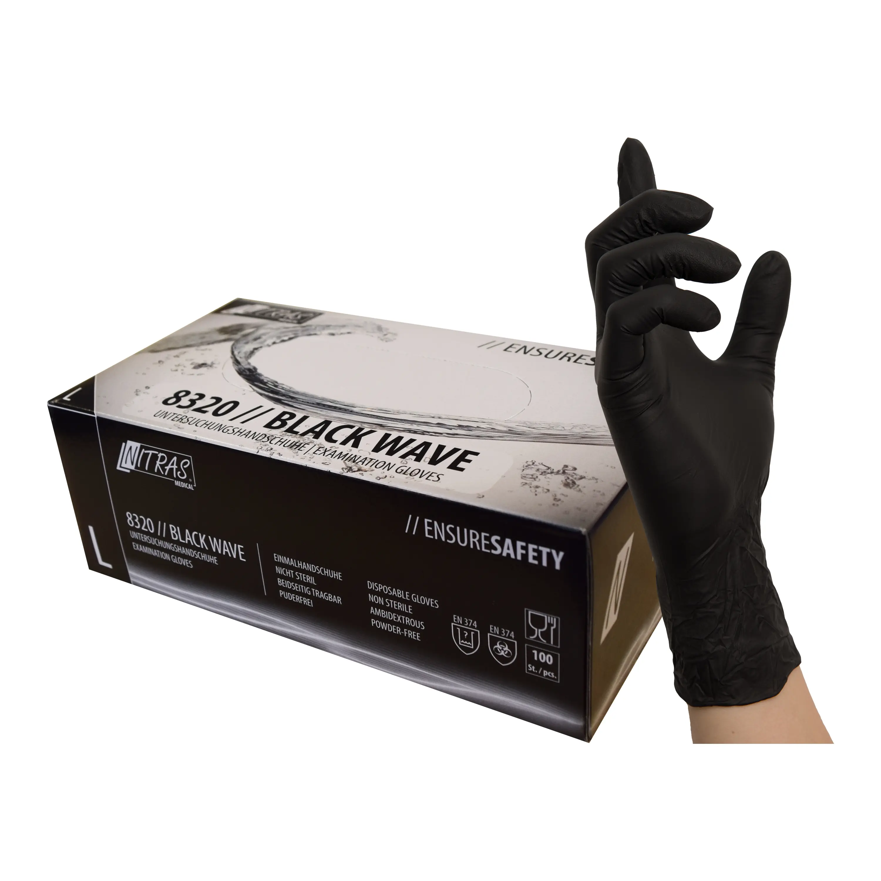 Black Wave Nitrilhandschuh schwarz, puderfrei, Nitras Medical 8320