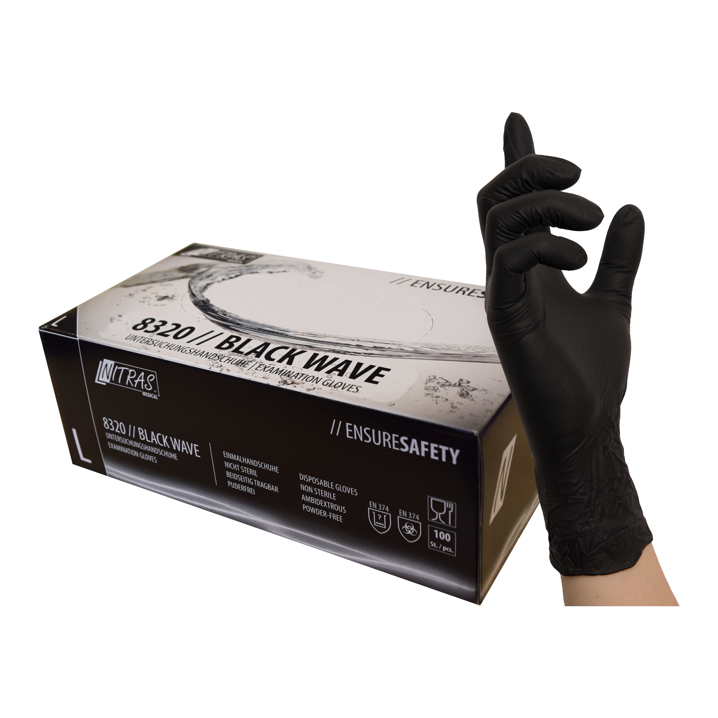 Black Wave Nitrilhandschuh schwarz, puderfrei, Nitras Medical 8320