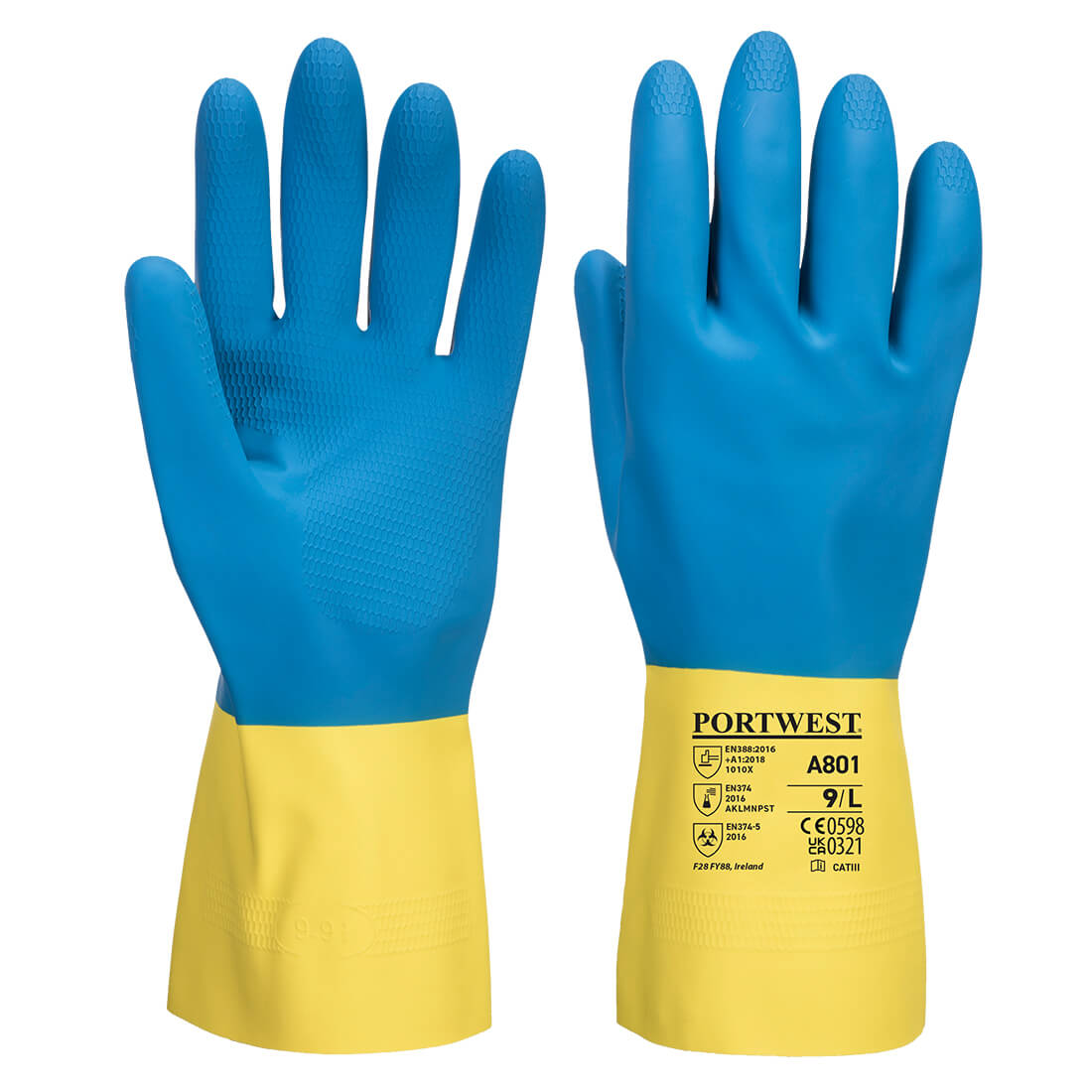 A801 - Doppelt getauchter Latex Stulpenhandschuh gelb/blau